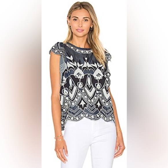 Parker Wyatt Eyelet Embroidered Denim Blue/Black S/SWomen’s Top/XS-Preowned Fast - Picture 3 of 16